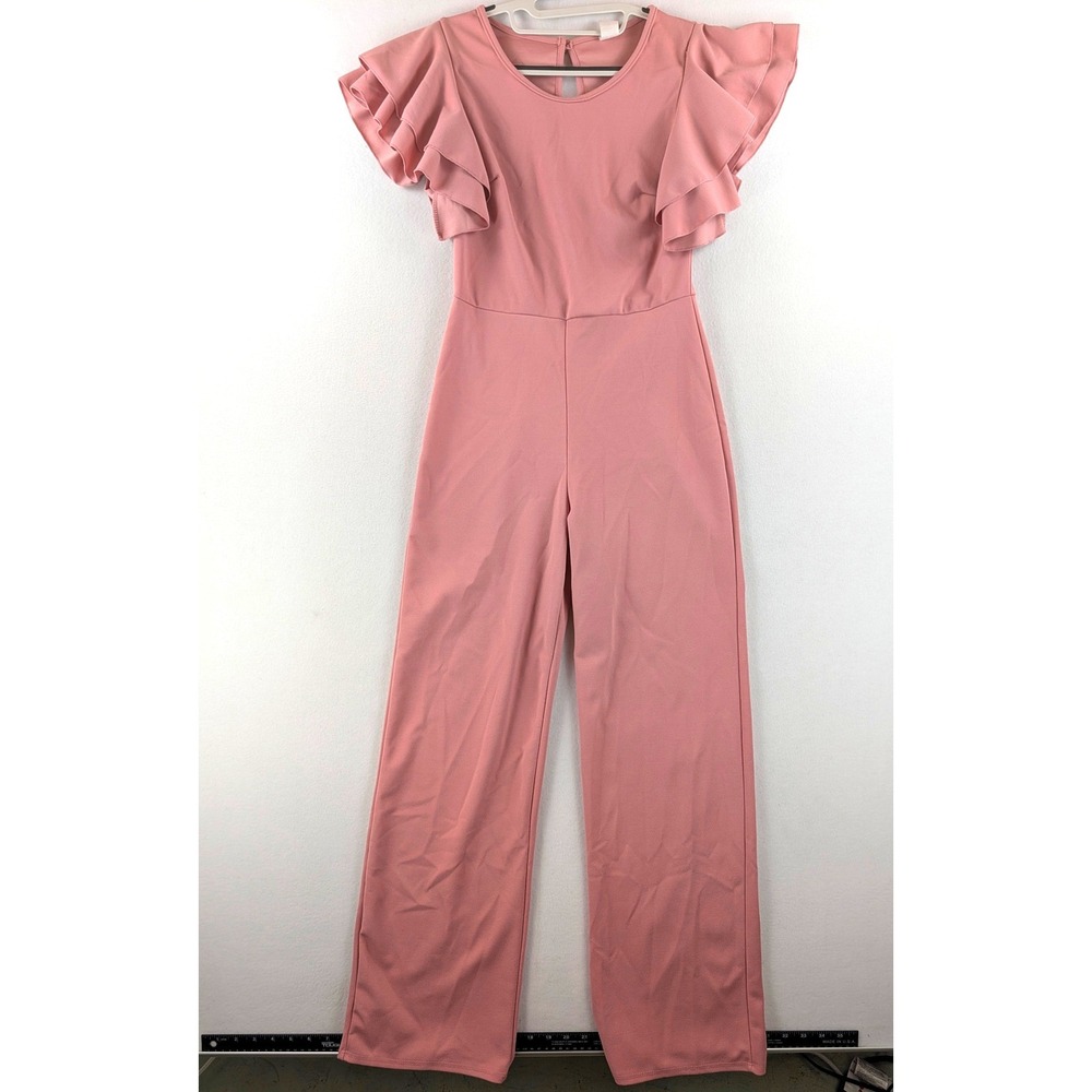 Dusty Rose Pink Ruffle Sleeve Jumpsuit Womens S Straight Leg Made in USA